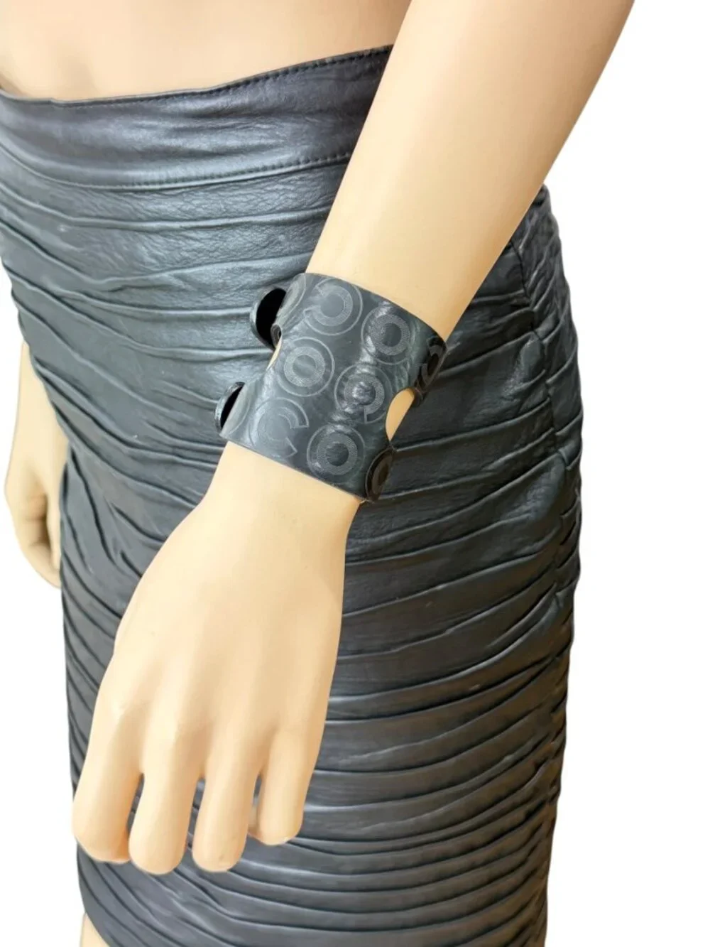 CHANEL Vintage 2001 Black Leather Cuff Bracelet COCO Print Double Buckles
